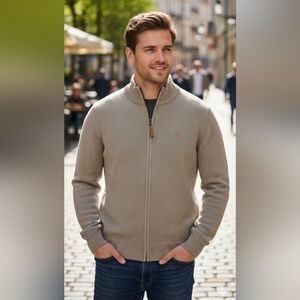 Pedro del Hierro Mens Preppy Tan Grey Full Zip Knit Sweater Size L